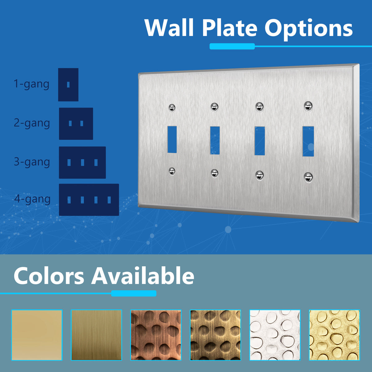 Toggle Light Switch Metal Wall Plate, Stainless Steel Switch Cover, Corrosion Resistant, 4-Gang, Mid-Size
