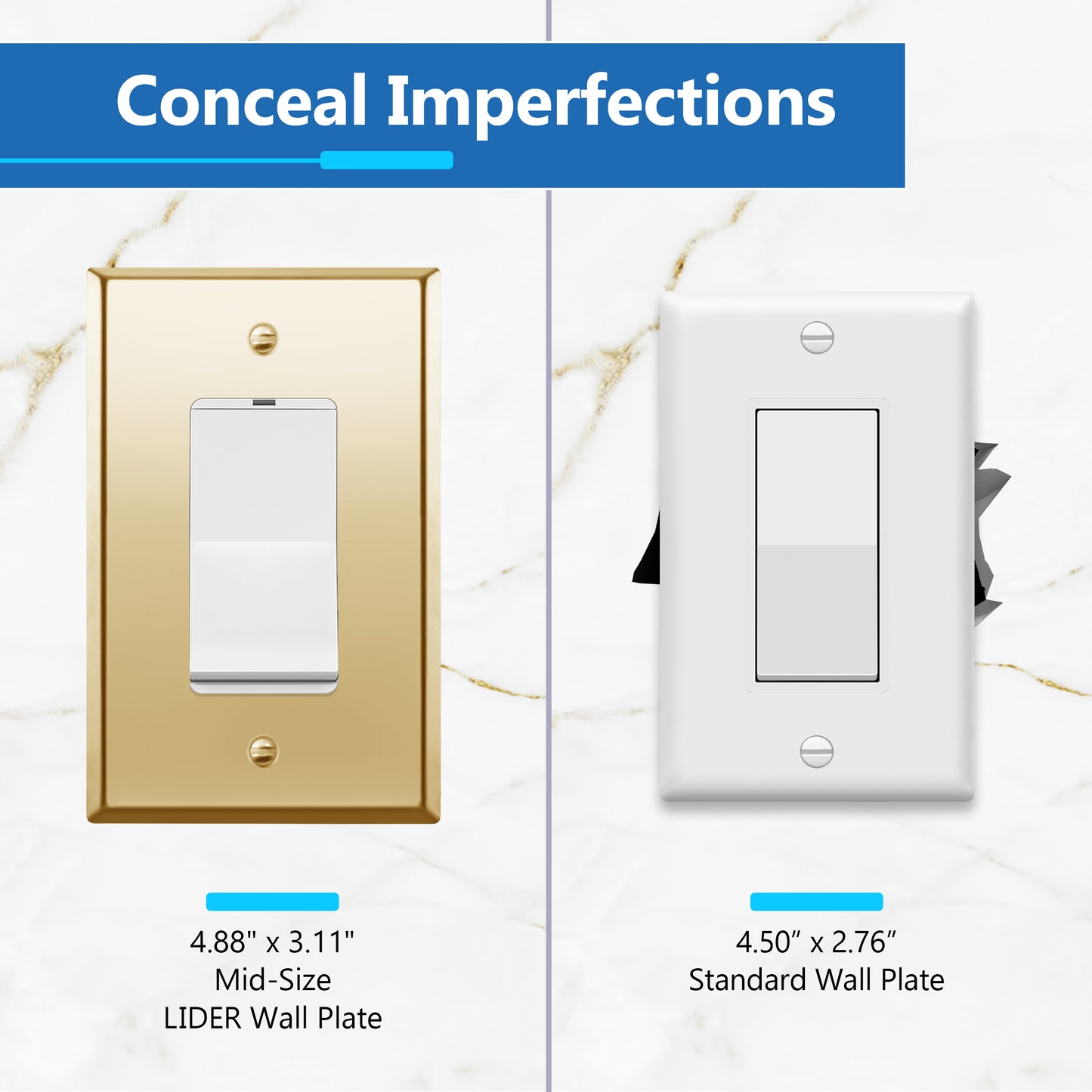 Decorator Switch or Receptacle Metal Wall Plate, Stainless Steel Outlet Cover, Corrosion Resistant, 1-Gang, Mid-Size