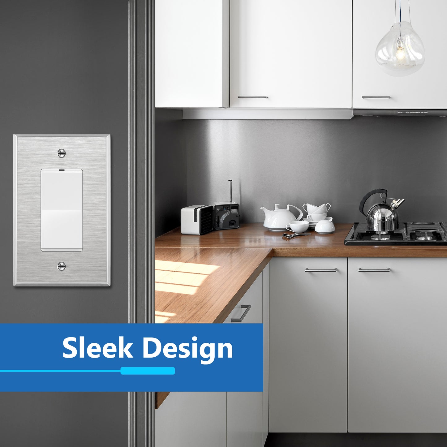 Decorator Switch or Receptacle Metal Wall Plate, Stainless Steel Outlet Cover, Corrosion Resistant, 1-Gang, Mid-Size