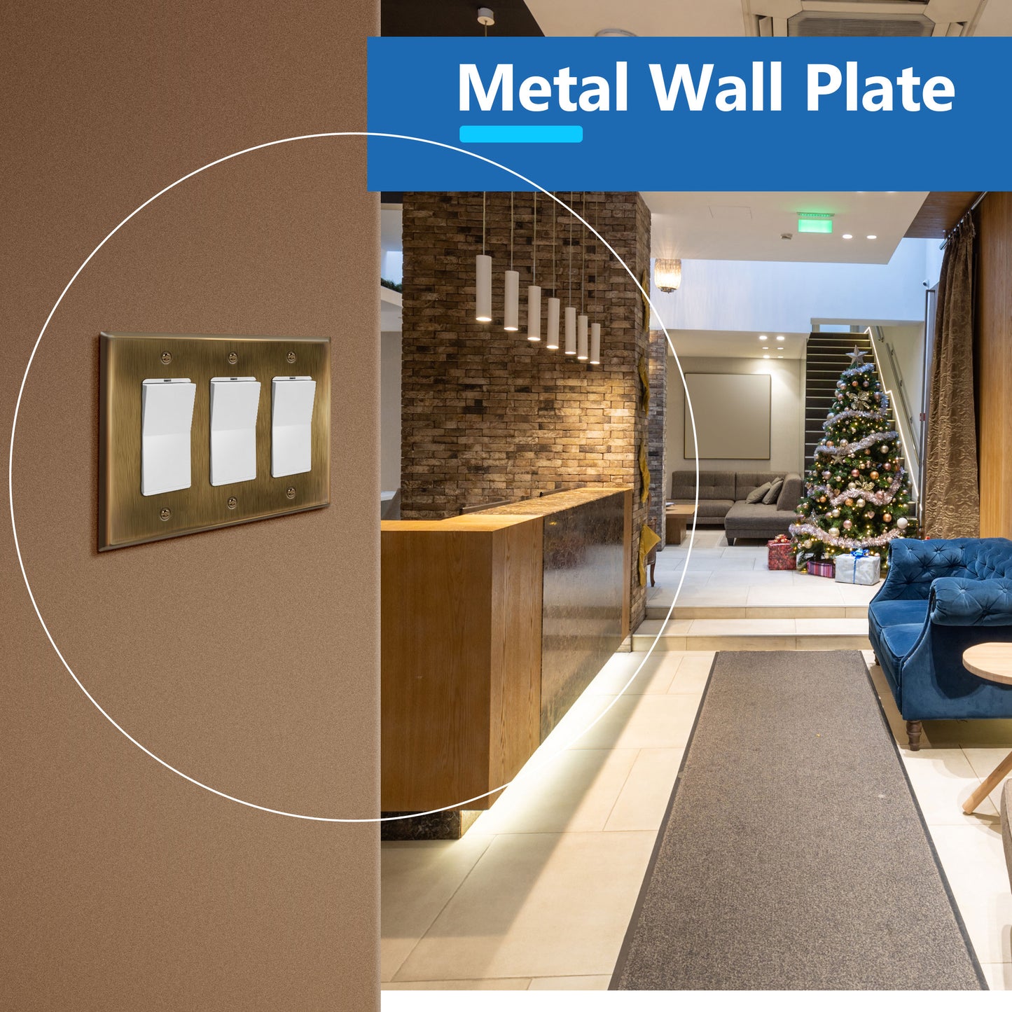 Decorator Switch or Receptacle Metal Wall Plate, Stainless Steel Outlet Cover, Corrosion Resistant, 3-Gang, Mid-Size