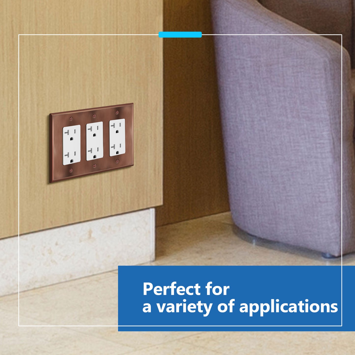 Decorator Switch or Receptacle Metal Wall Plate, Stainless Steel Outlet Cover, Corrosion Resistant, 3-Gang, Mid-Size