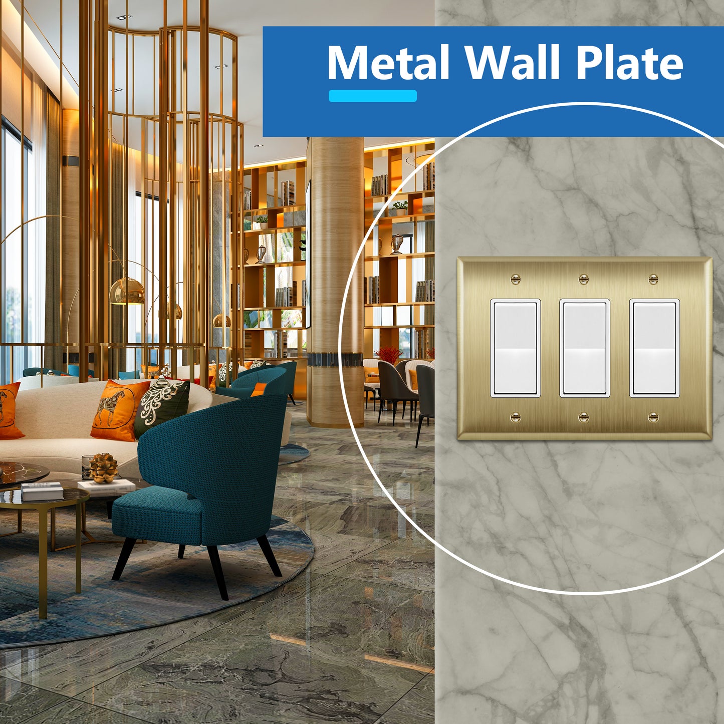 Decorator Switch or Receptacle Metal Wall Plate, Stainless Steel Outlet Cover, Corrosion Resistant, 3-Gang, Mid-Size