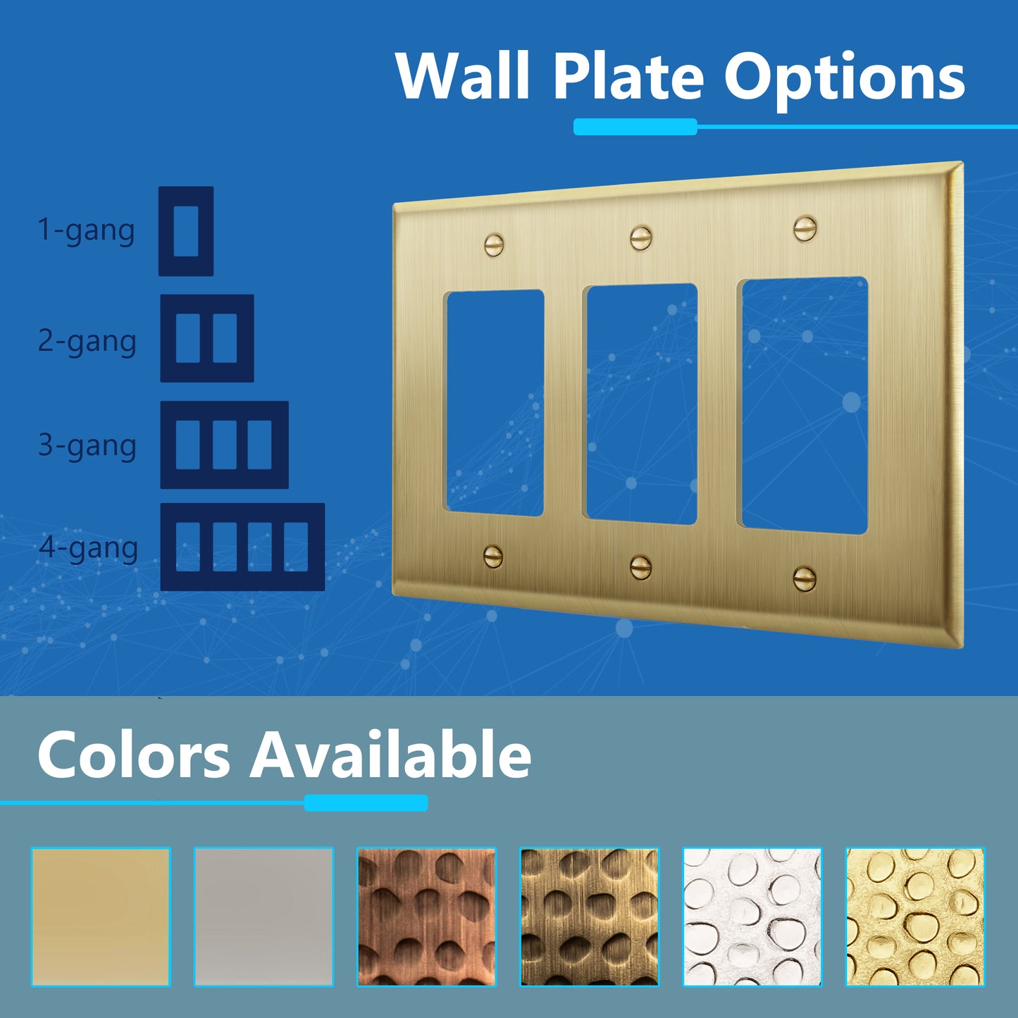 Decorator Switch or Receptacle Metal Wall Plate, Stainless Steel Outlet Cover, Corrosion Resistant, 3-Gang, Mid-Size