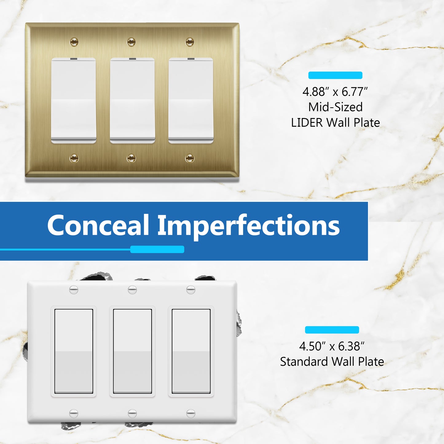 Decorator Switch or Receptacle Metal Wall Plate, Stainless Steel Outlet Cover, Corrosion Resistant, 3-Gang, Mid-Size