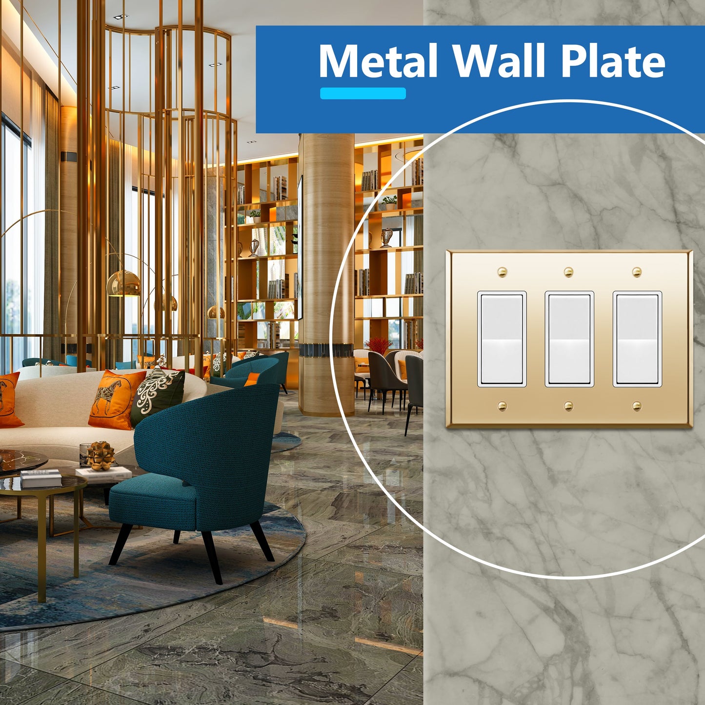 Decorator Switch or Receptacle Metal Wall Plate, Stainless Steel Outlet Cover, Corrosion Resistant, 3-Gang, Mid-Size