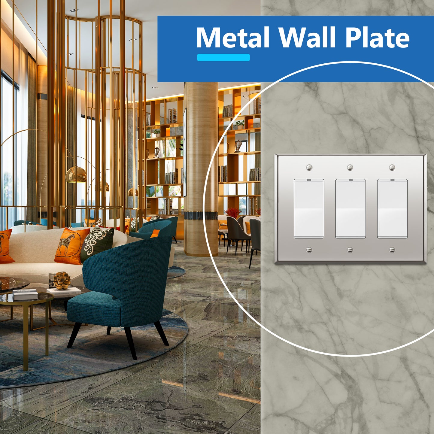 Decorator Switch or Receptacle Metal Wall Plate, Stainless Steel Outlet Cover, Corrosion Resistant, 3-Gang, Mid-Size