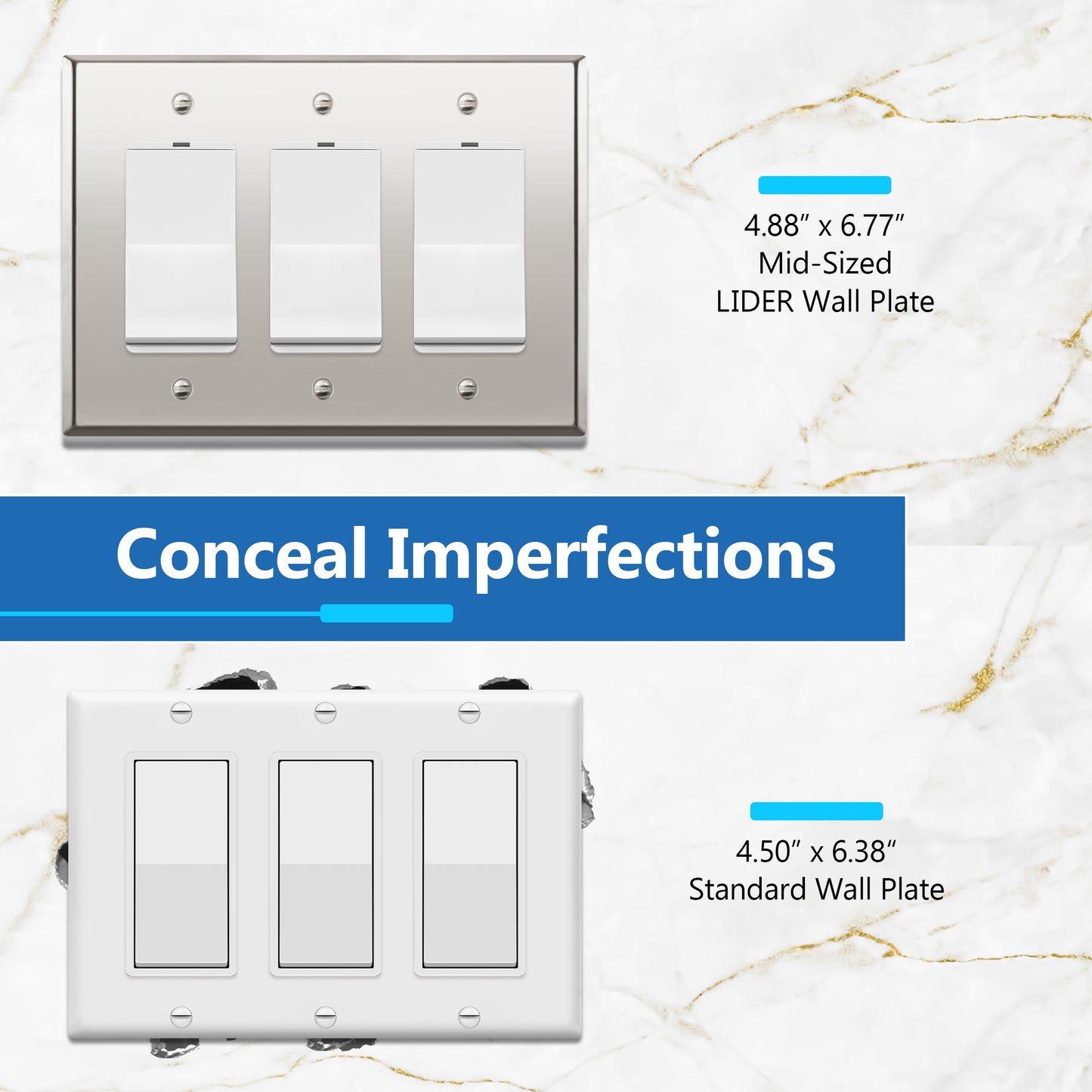 Decorator Switch or Receptacle Metal Wall Plate, Stainless Steel Outlet Cover, Corrosion Resistant, 3-Gang, Mid-Size