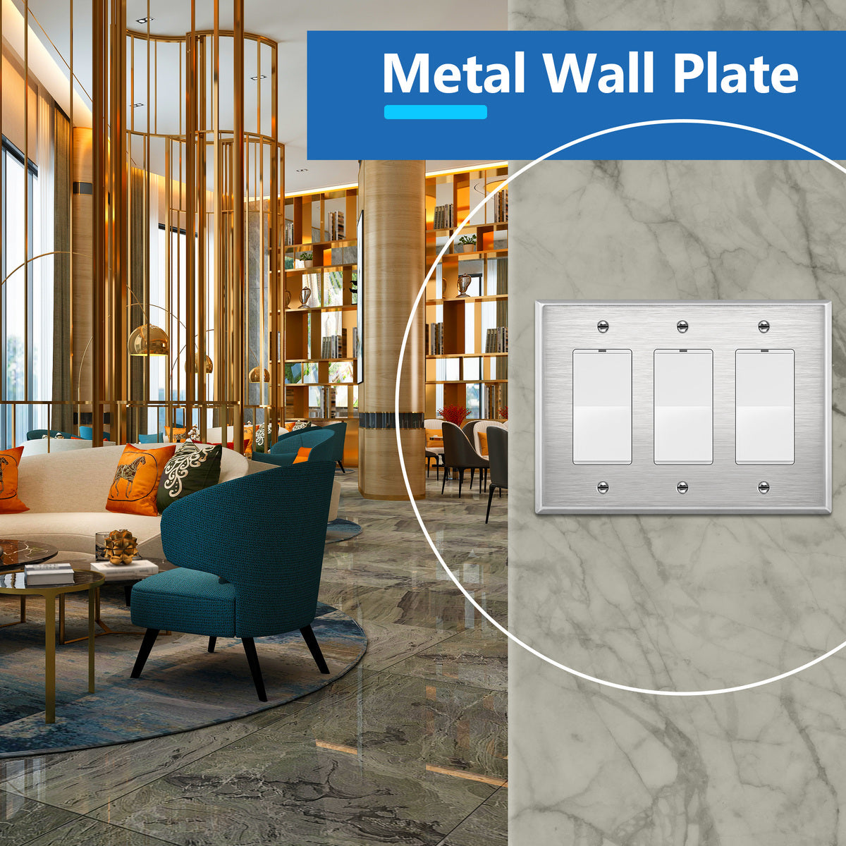 Decorator Switch or Receptacle Metal Wall Plate, Stainless Steel Outlet Cover, Corrosion Resistant, 3-Gang, Mid-Size