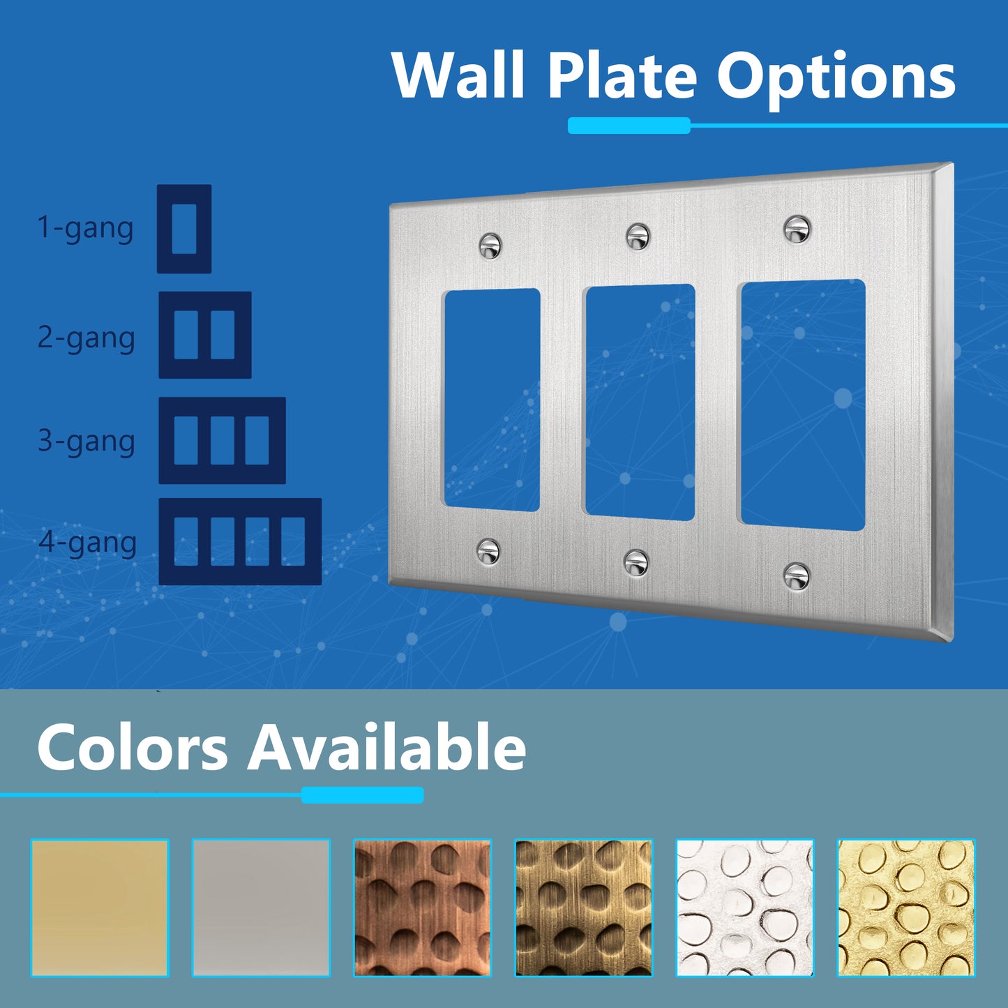 Decorator Switch or Receptacle Metal Wall Plate, Stainless Steel Outlet Cover, Corrosion Resistant, 3-Gang, Mid-Size