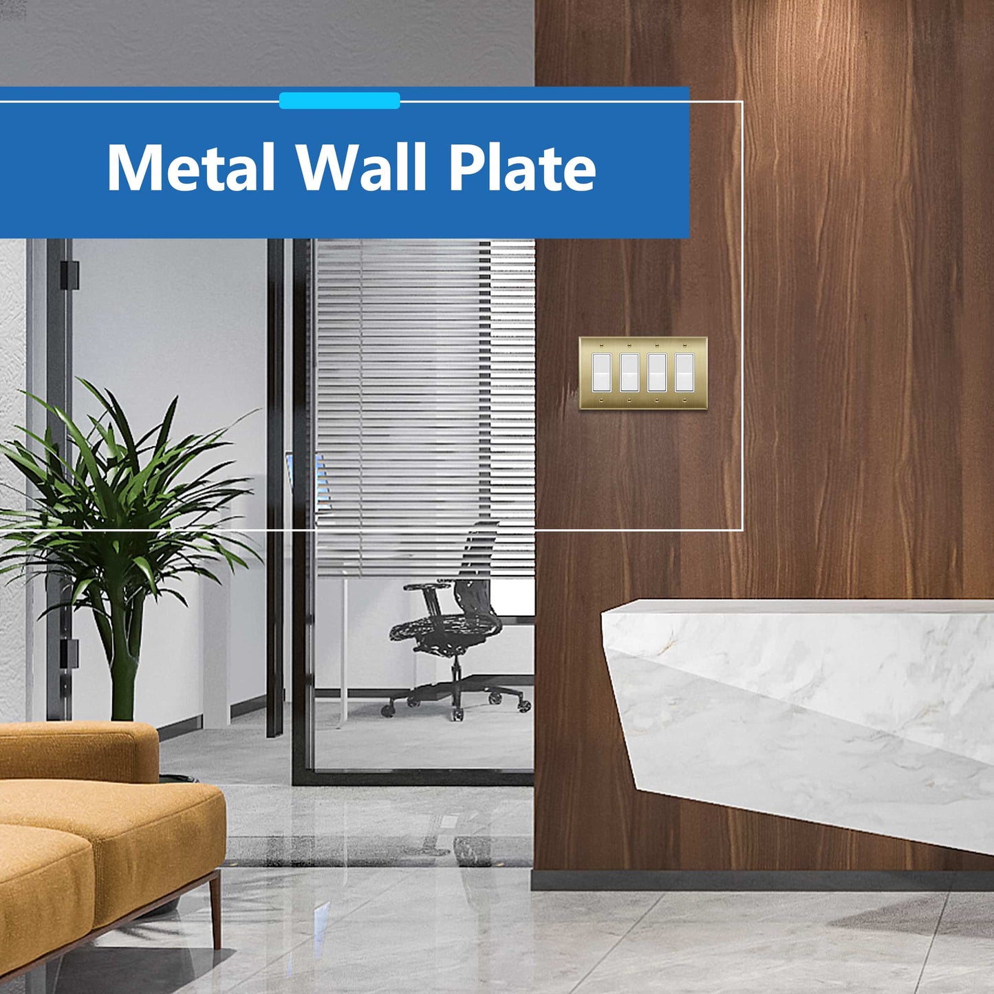 Decorator Switch or Receptacle Metal Wall Plate, Stainless Steel Outlet Cover, Corrosion Resistant, 4-Gang, Mid-Size