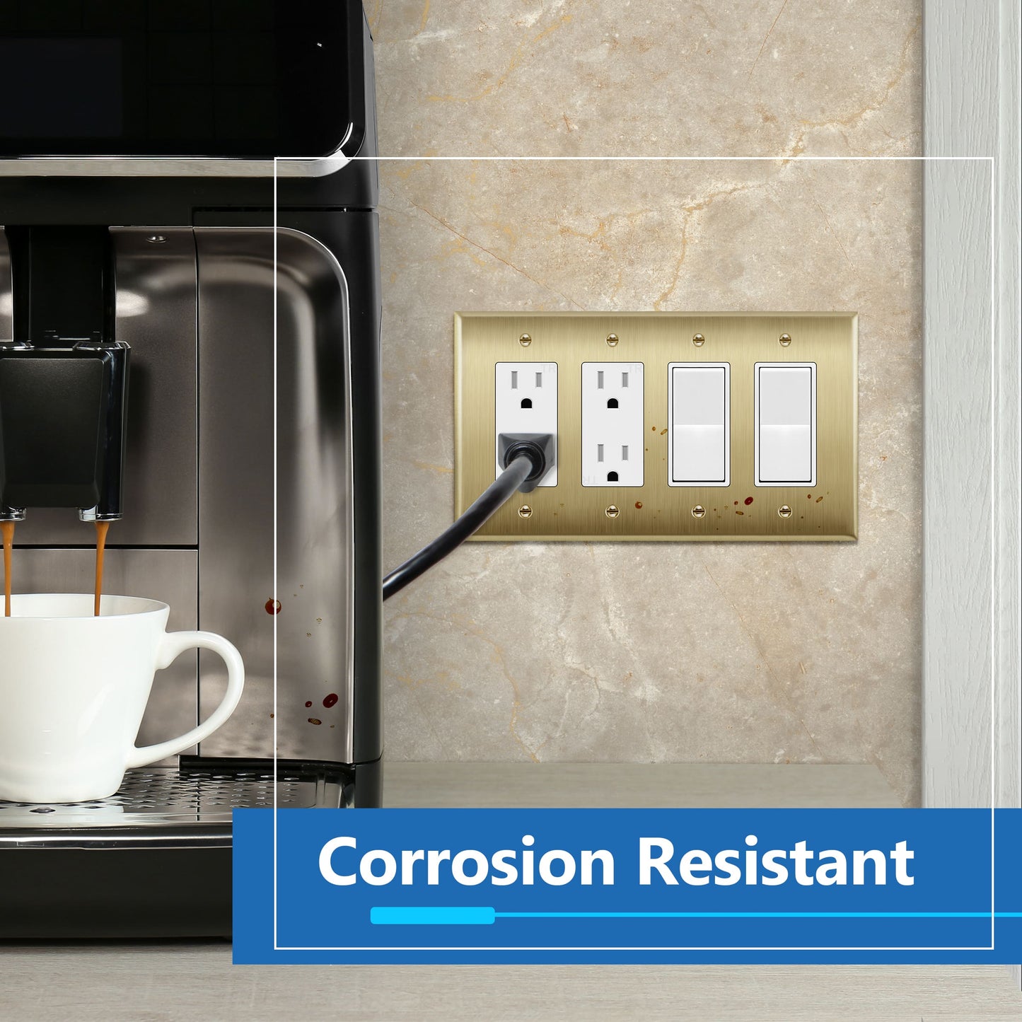 Decorator Switch or Receptacle Metal Wall Plate, Stainless Steel Outlet Cover, Corrosion Resistant, 4-Gang, Mid-Size