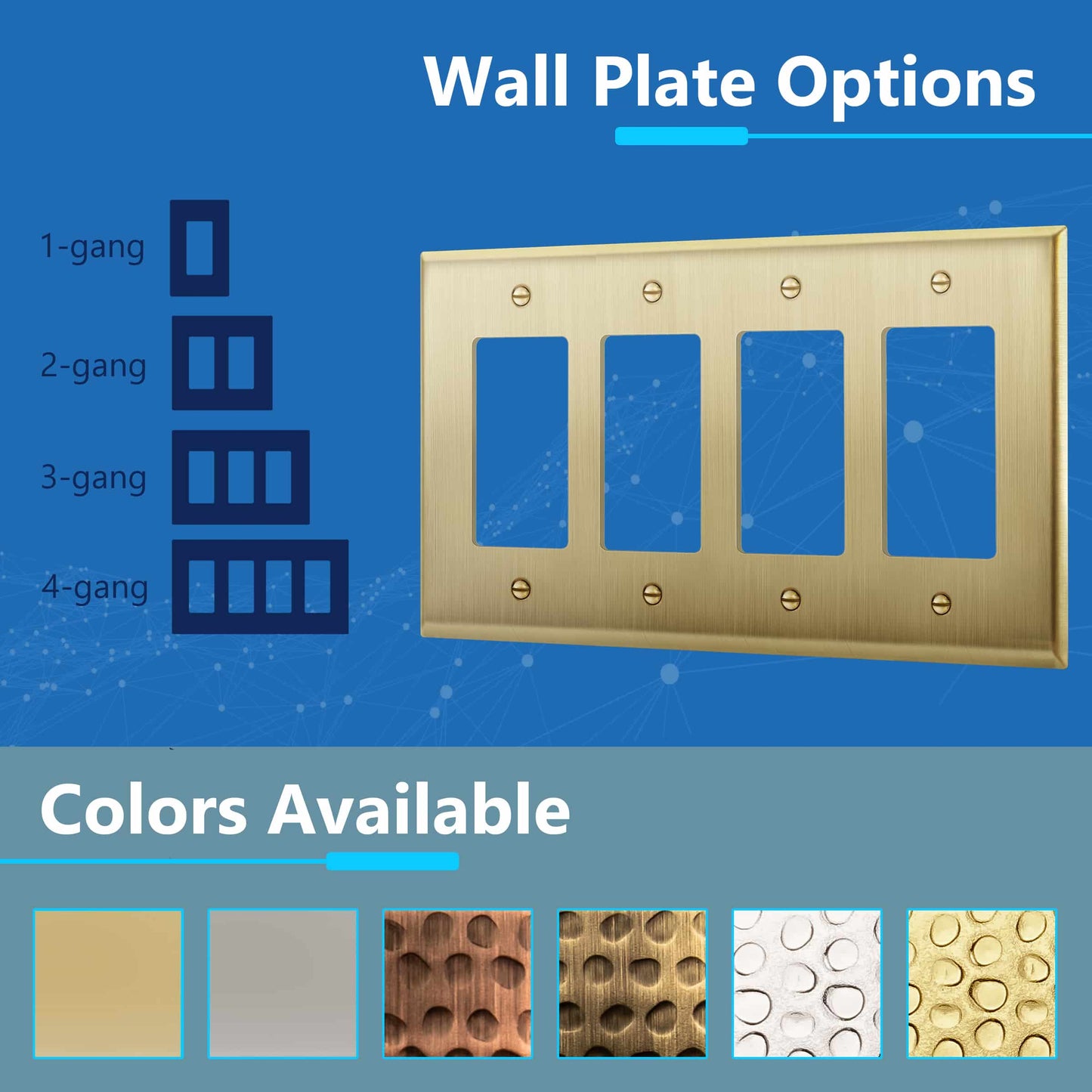 Decorator Switch or Receptacle Metal Wall Plate, Stainless Steel Outlet Cover, Corrosion Resistant, 4-Gang, Mid-Size