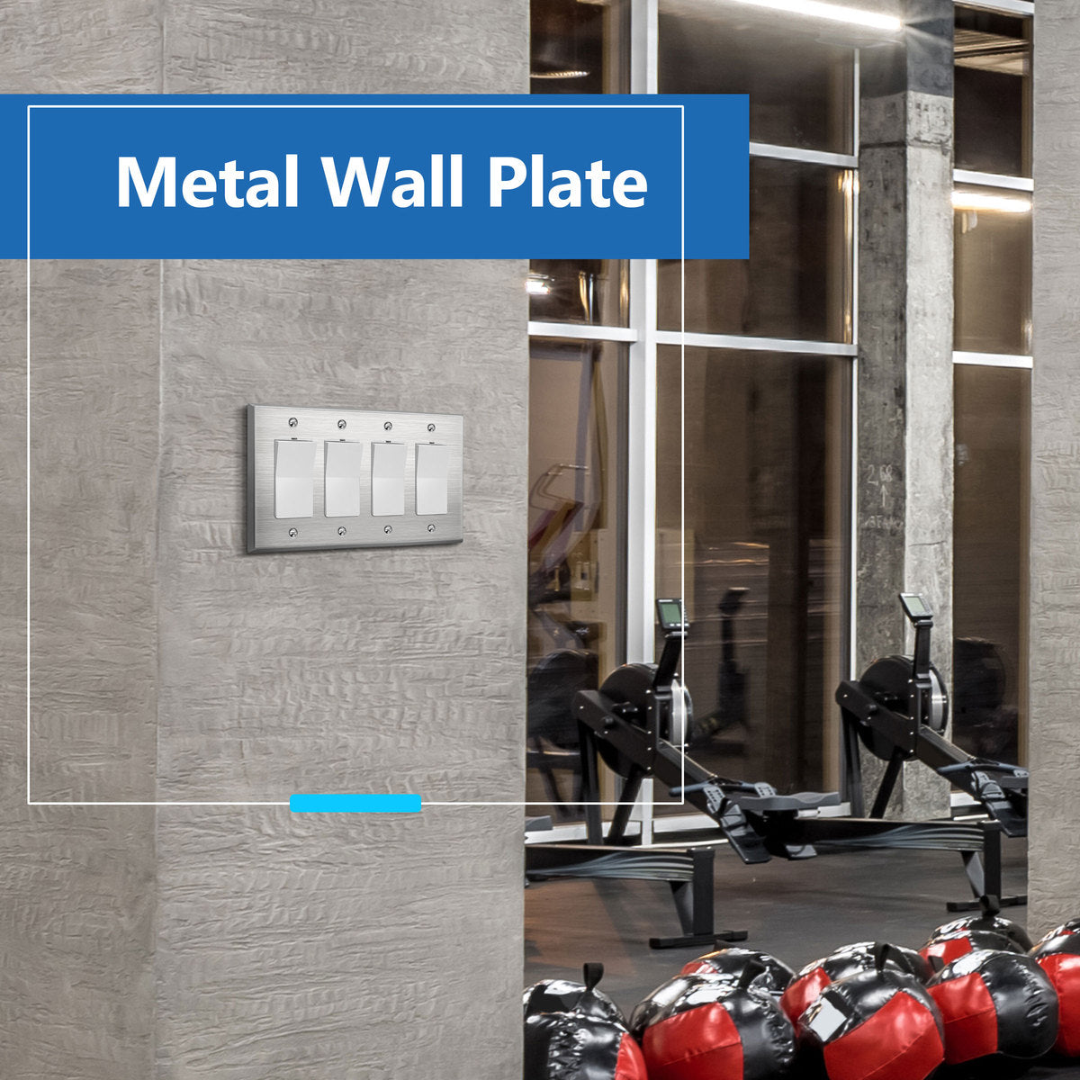 Decorator Switch or Receptacle Metal Wall Plate, Stainless Steel Outlet Cover, Corrosion Resistant, 4-Gang, Mid-Size