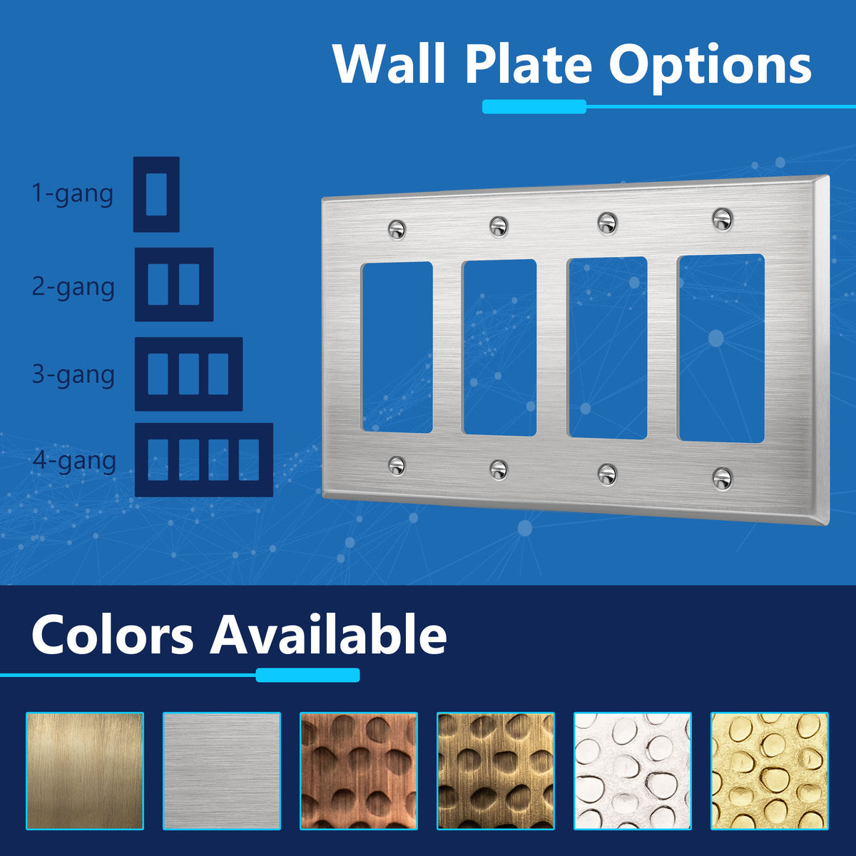 Decorator Switch or Receptacle Metal Wall Plate, Stainless Steel Outlet Cover, Corrosion Resistant, 4-Gang, Mid-Size