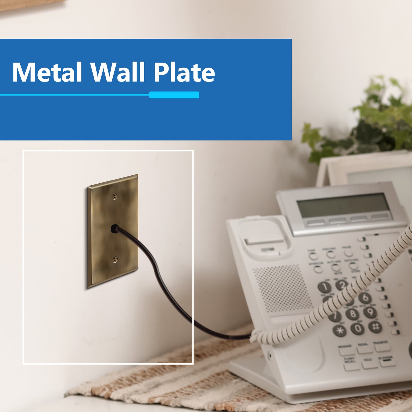 0.406" Diameter Hole Phone Cable Metal Wall Plate, Stainless Steel Outlet Cover, Corrosion Resistant, 1-Gang, Mid-Size
