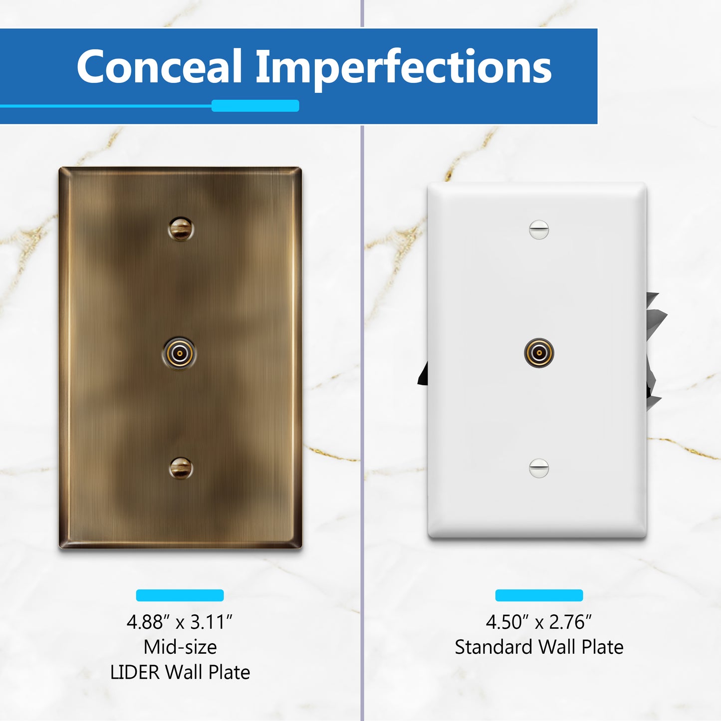 0.406" Diameter Hole Phone Cable Metal Wall Plate, Stainless Steel Outlet Cover, Corrosion Resistant, 1-Gang, Mid-Size
