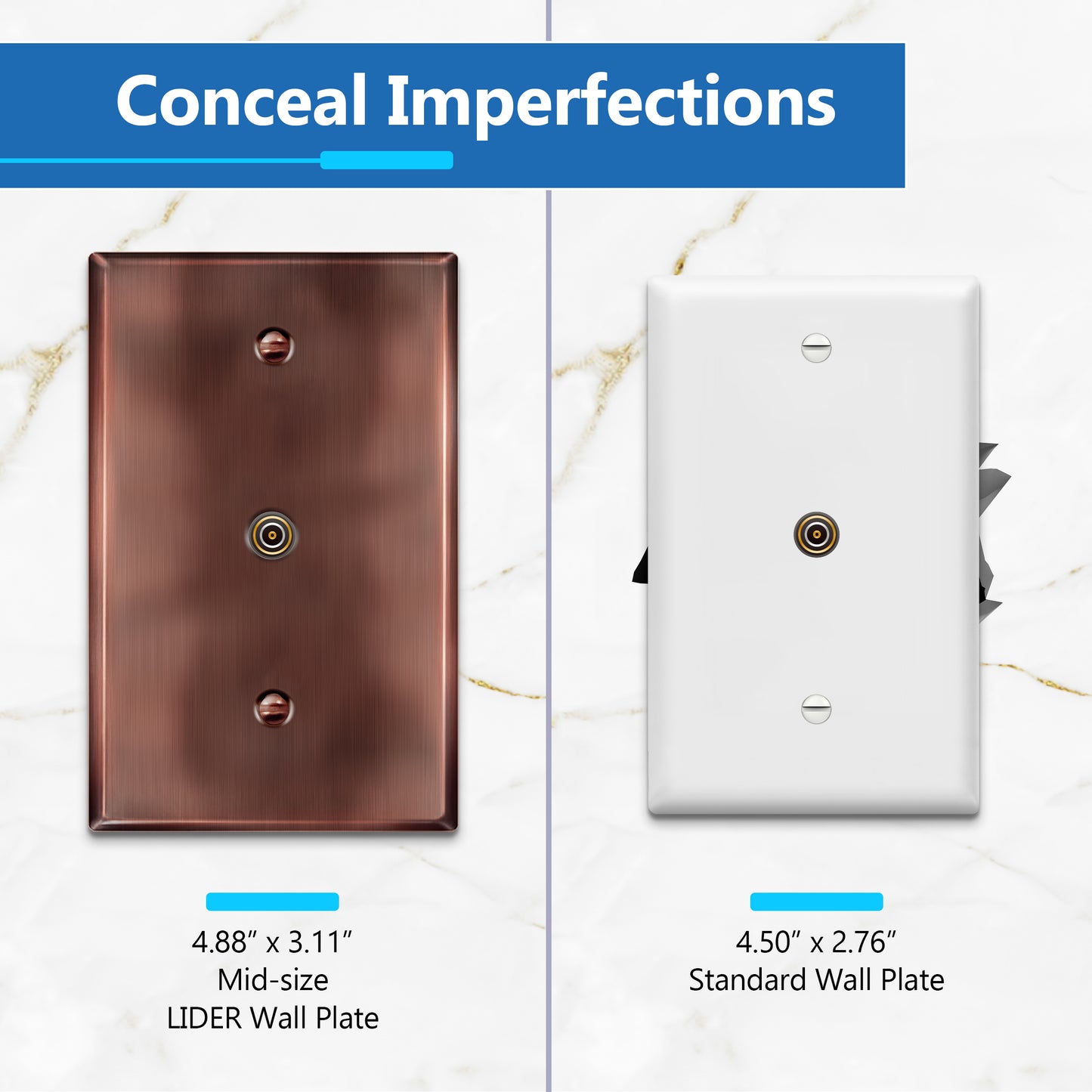 0.406" Diameter Hole Phone Cable Metal Wall Plate, Stainless Steel Outlet Cover, Corrosion Resistant, 1-Gang, Mid-Size