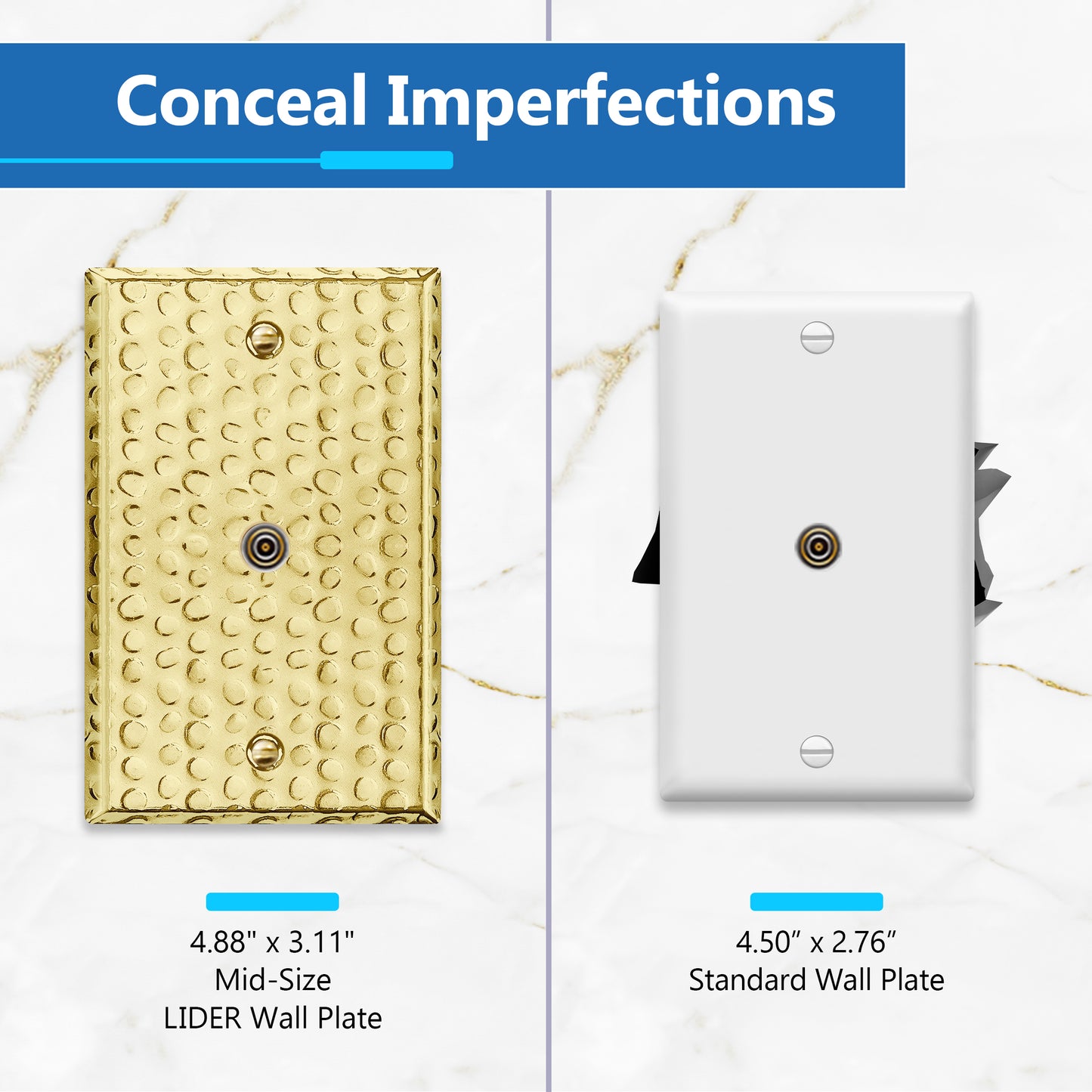 0.406" Diameter Hole Phone Cable Metal Wall Plate, Stainless Steel Outlet Cover, Corrosion Resistant, 1-Gang, Mid-Size