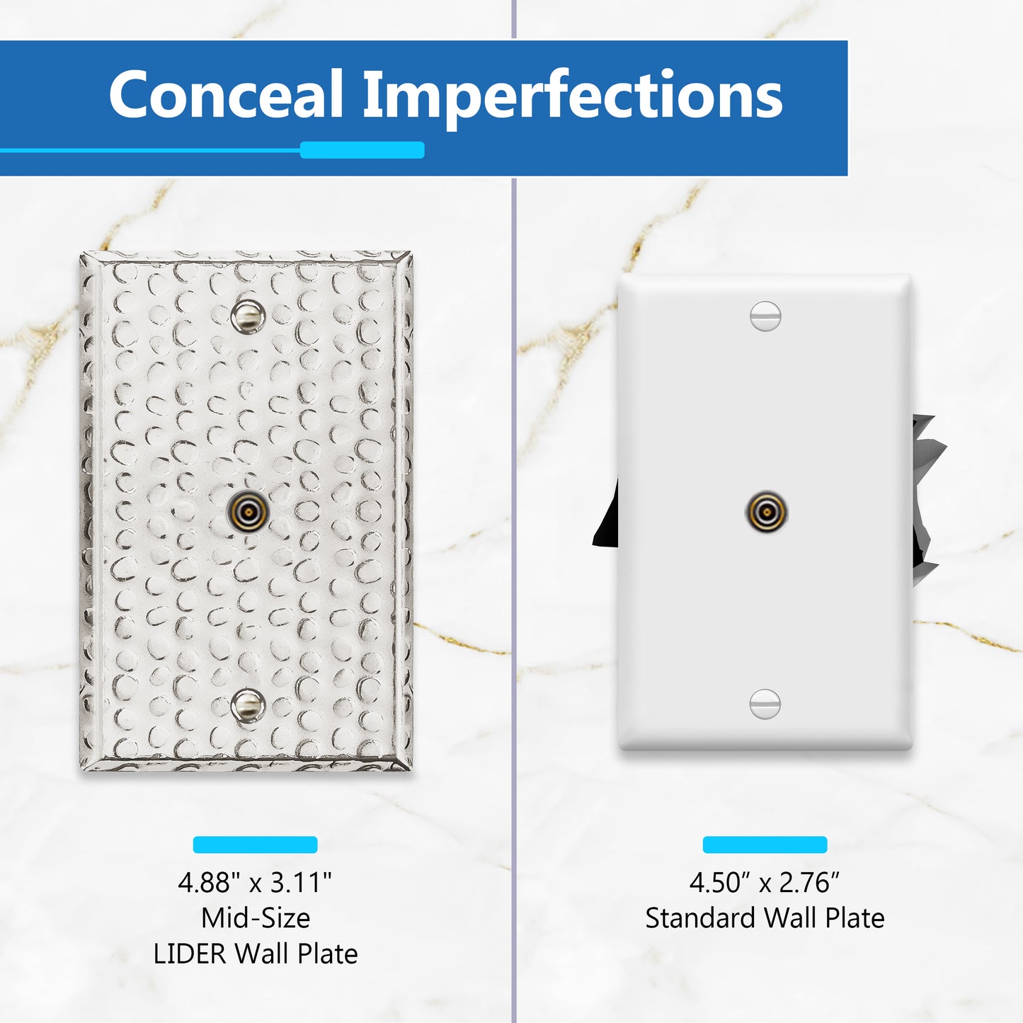 0.406" Diameter Hole Phone Cable Metal Wall Plate, Stainless Steel Outlet Cover, Corrosion Resistant, 1-Gang, Mid-Size