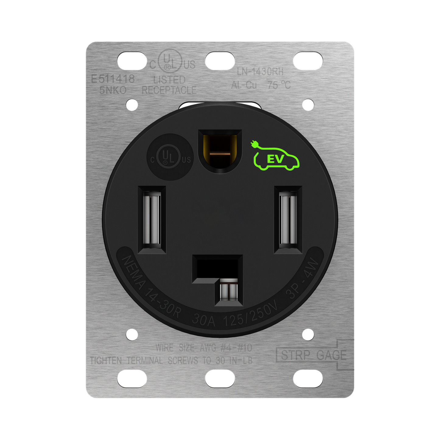 30 Amp Flush Dryer Receptacle, NEMA 14-30R, 125/250V, Self-Grounding, 3-Pole 4-Wire, UL Listed