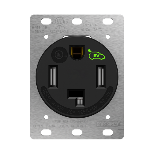30 Amp Flush Dryer Receptacle, NEMA 14-30R, 125/250V, Self-Grounding, 3-Pole 4-Wire, UL Listed