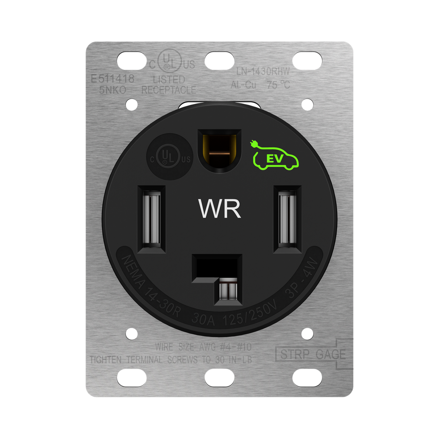 30 Amp Flush Dryer Receptacle, NEMA 14-30R, 125/250V, Weather Resistant, Self-Grounding, 3-Pole 4-Wire, UL Listed