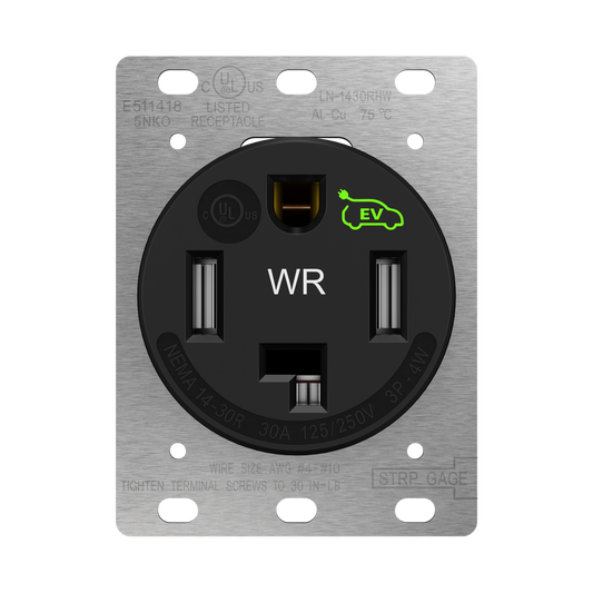 30 Amp Flush Dryer Receptacle, NEMA 14-30R, 125/250V, Weather Resistant, Self-Grounding, 3-Pole 4-Wire, UL Listed