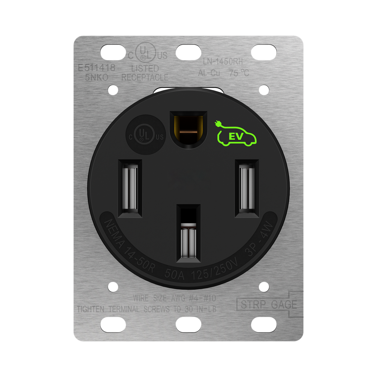 50 Amp Flush Receptacle, NEMA 14-50R, 125/250V, Self-Grounding, 3-Pole 4-Wire, Heavy-Duty