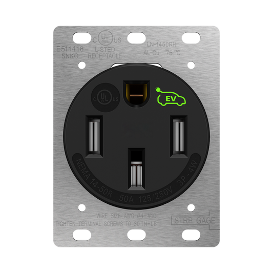 50 Amp Flush Receptacle, NEMA 14-50R, 125/250V, Self-Grounding, 3-Pole 4-Wire, Heavy-Duty