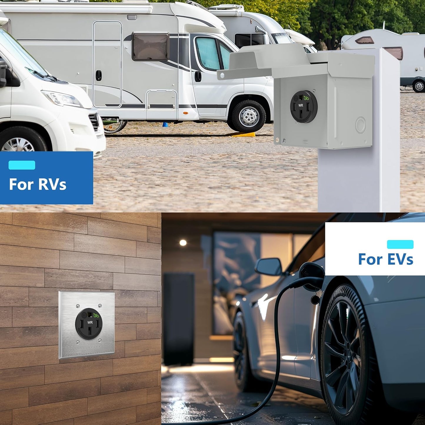 14-50R Extra Heavy Duty Weather-Resistant Flush Receptacle With Stainless Steel Wall Plate, Electric Vehicle Charging