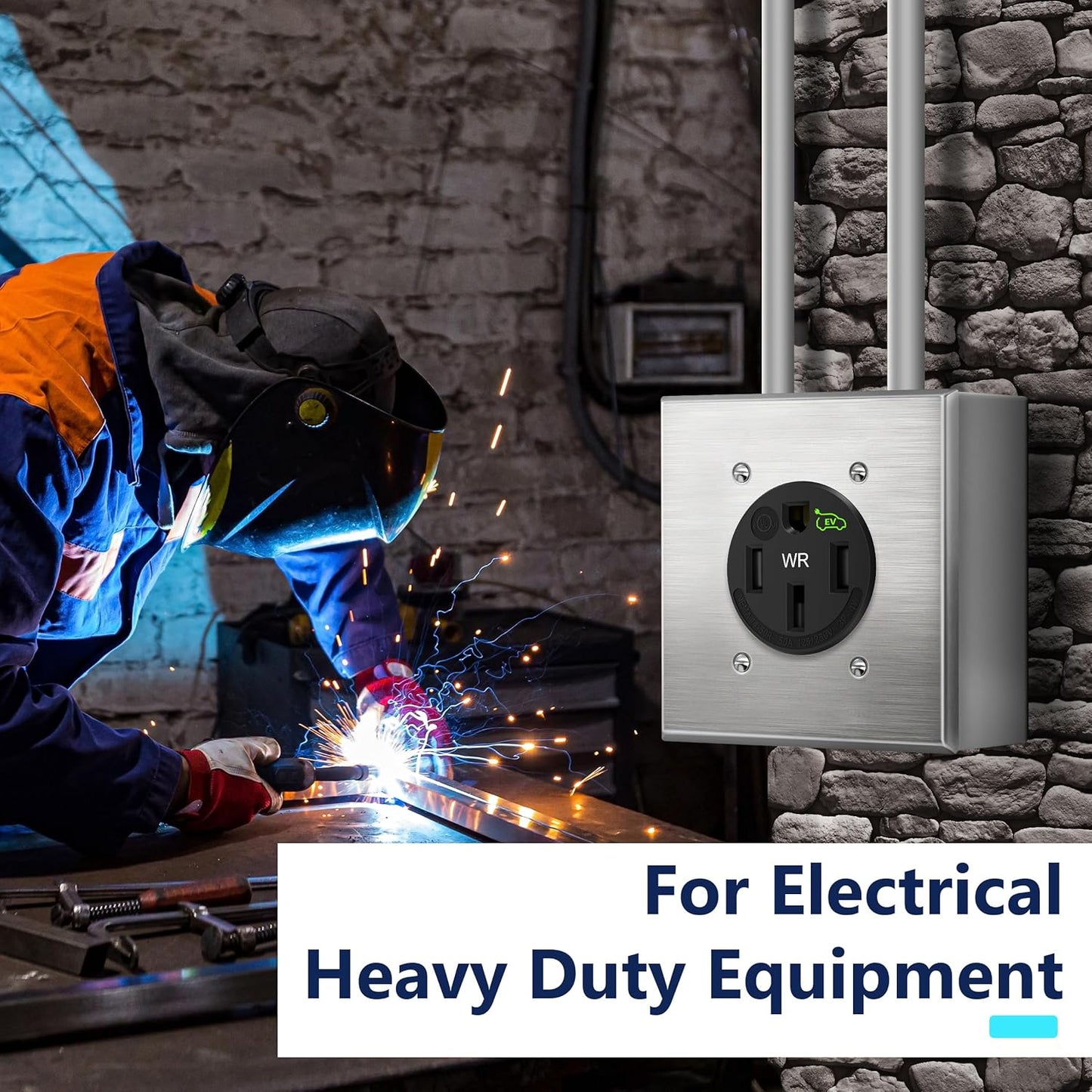 14-50R Extra Heavy Duty Weather-Resistant Flush Receptacle With Stainless Steel Wall Plate, Electric Vehicle Charging
