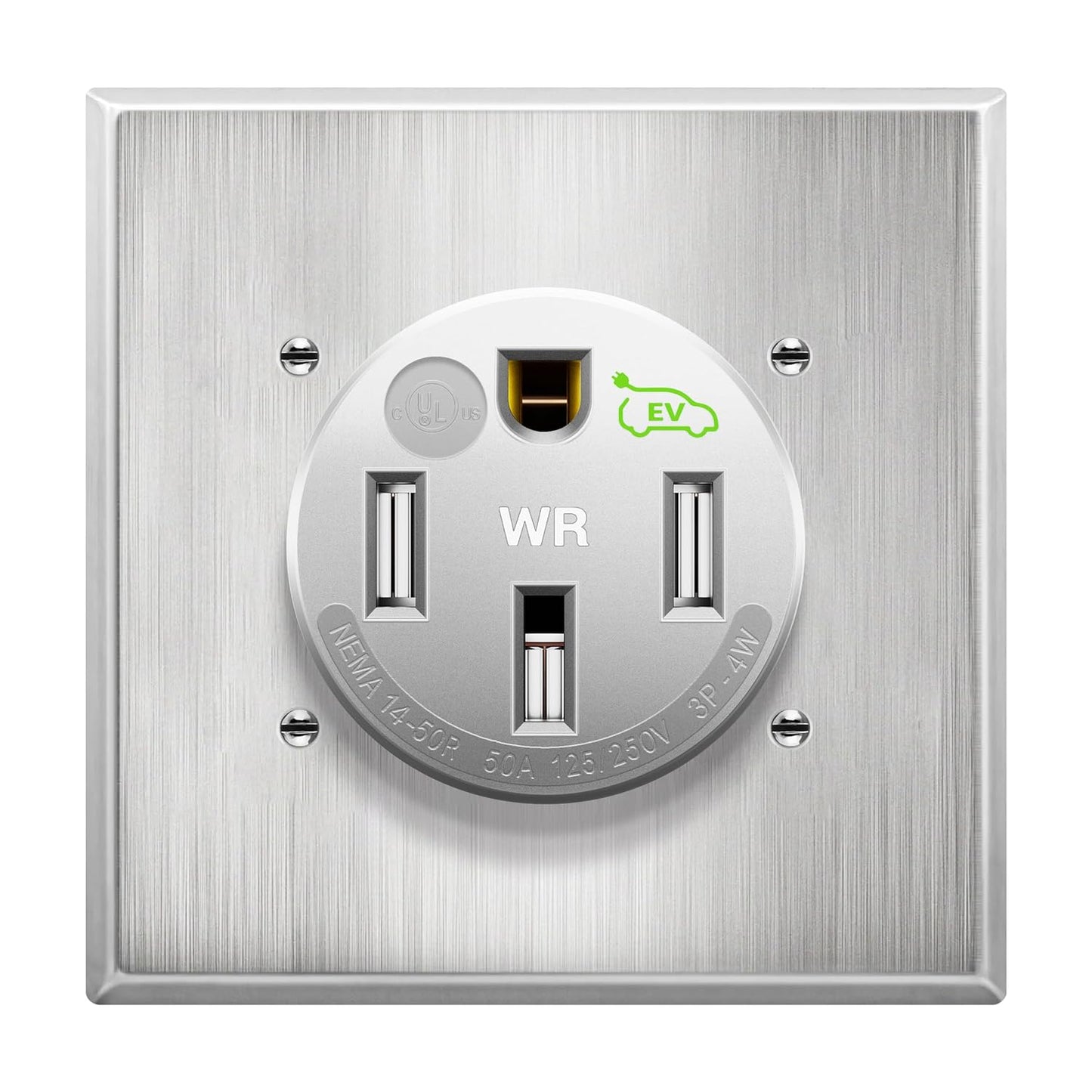 14-50R Extra Heavy Duty Weather-Resistant Flush Receptacle With Stainless Steel Wall Plate, Electric Vehicle Charging
