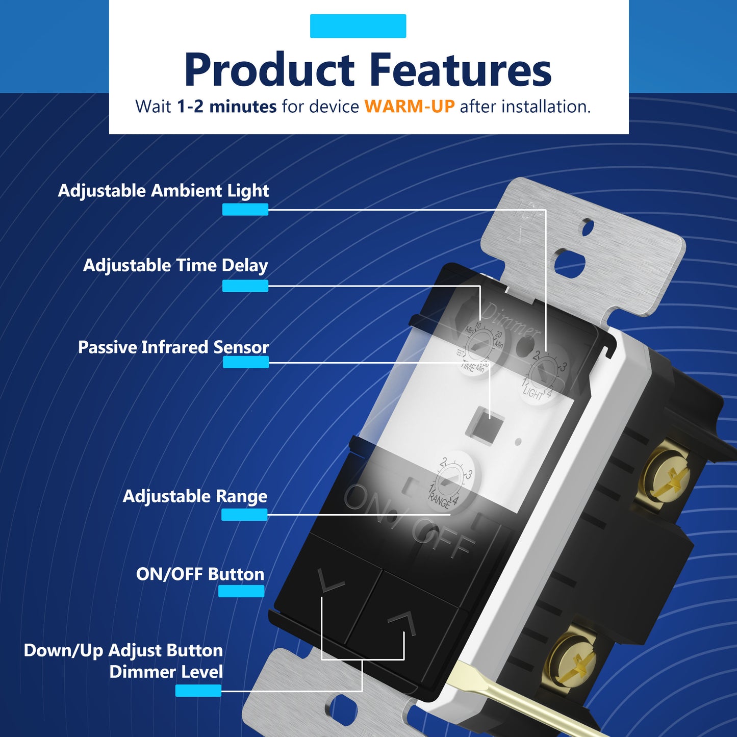 Motion Sensor Dimmer Switch, Occupancy/ Vacancy PIR Sensor, 3-Way, No Neutral Required, Wall Plate Included