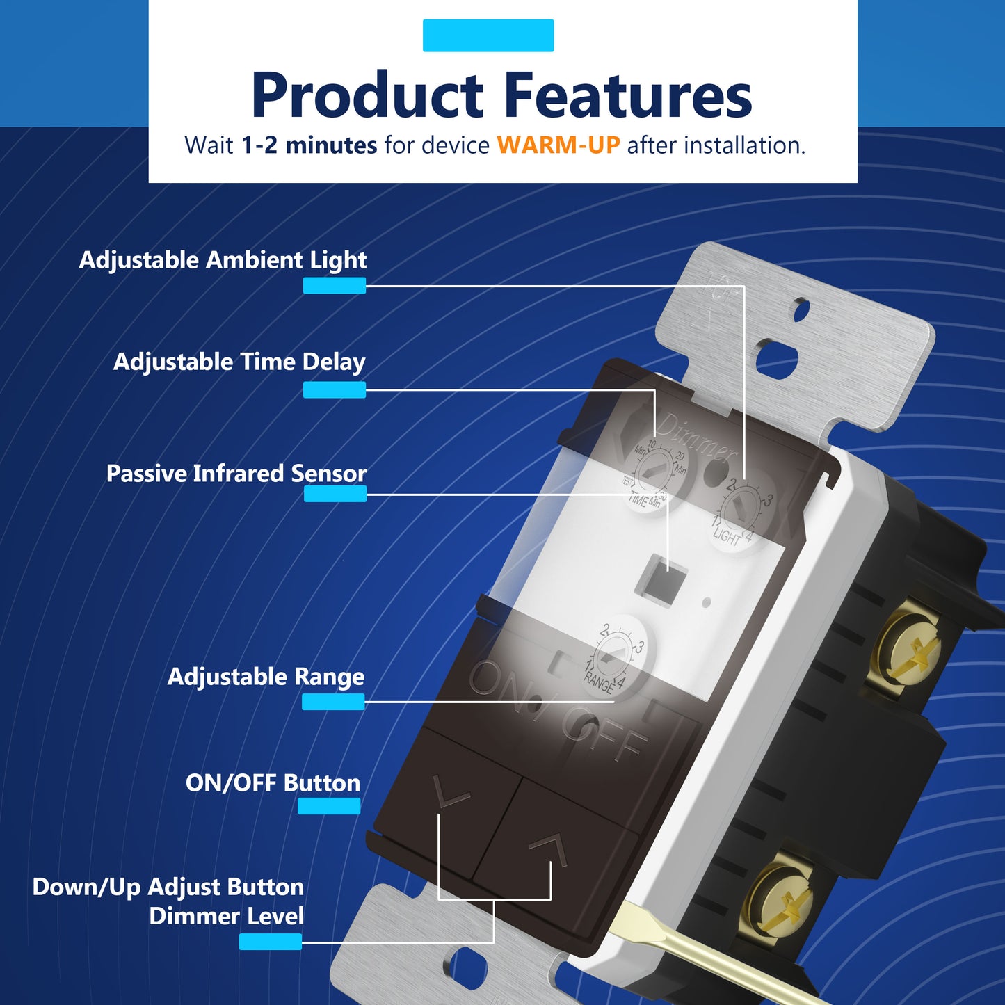 Motion Sensor Dimmer Switch, Occupancy/ Vacancy PIR Sensor, 3-Way, No Neutral Required, Wall Plate Included