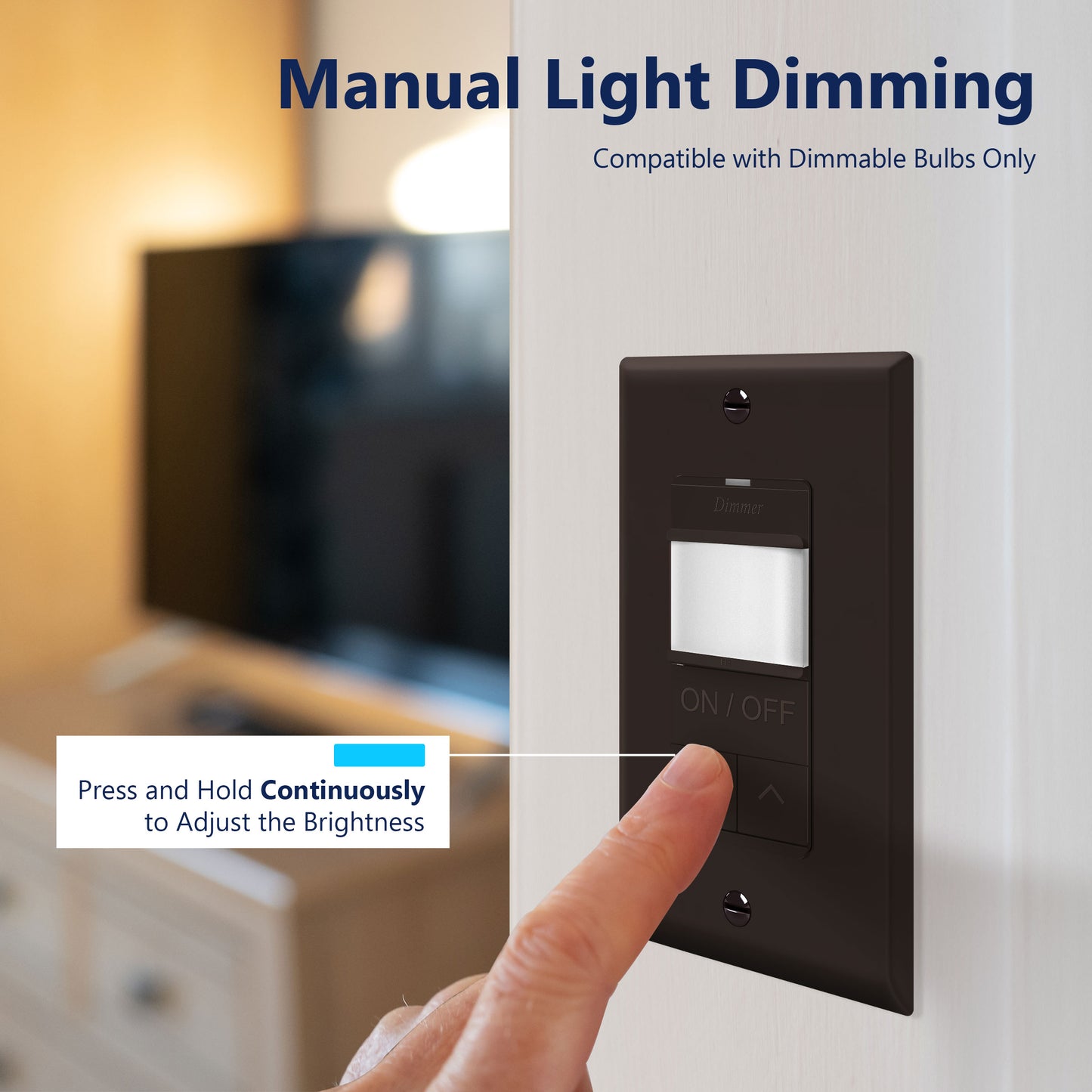 Motion Sensor Dimmer Switch, Occupancy/ Vacancy PIR Sensor, 3-Way, No Neutral Required, Wall Plate Included