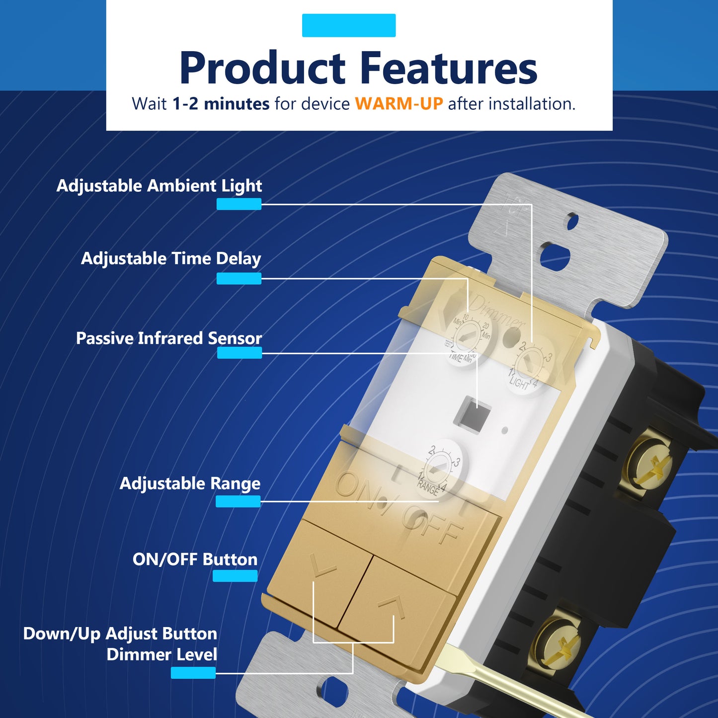 Motion Sensor Dimmer Switch, Occupancy/ Vacancy PIR Sensor, 3-Way, No Neutral Required, Wall Plate Included