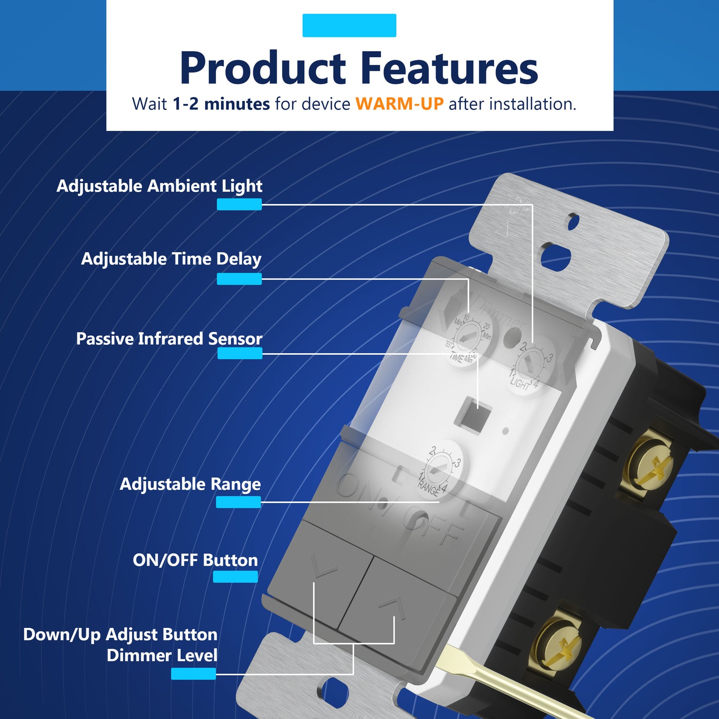 Motion Sensor Dimmer Switch, Occupancy/ Vacancy PIR Sensor, 3-Way, No Neutral Required, Wall Plate Included