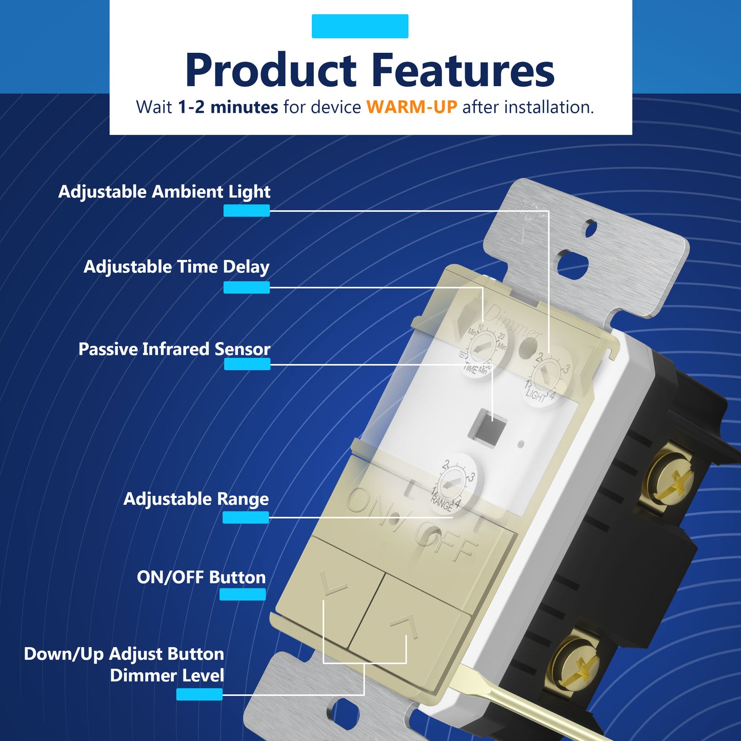 Motion Sensor Dimmer Switch, Occupancy/ Vacancy PIR Sensor, 3-Way, No Neutral Required, Wall Plate Included