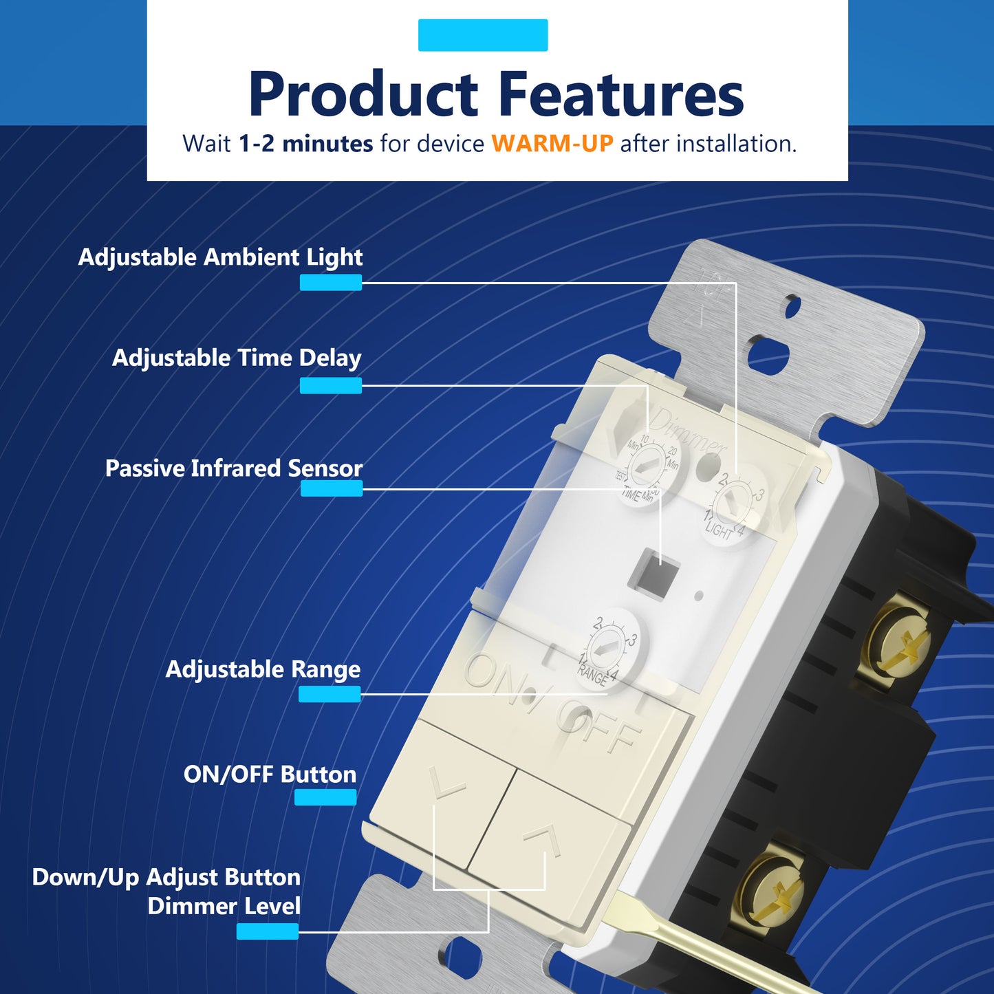 Motion Sensor Dimmer Switch, Occupancy/ Vacancy PIR Sensor, 3-Way, No Neutral Required, Wall Plate Included