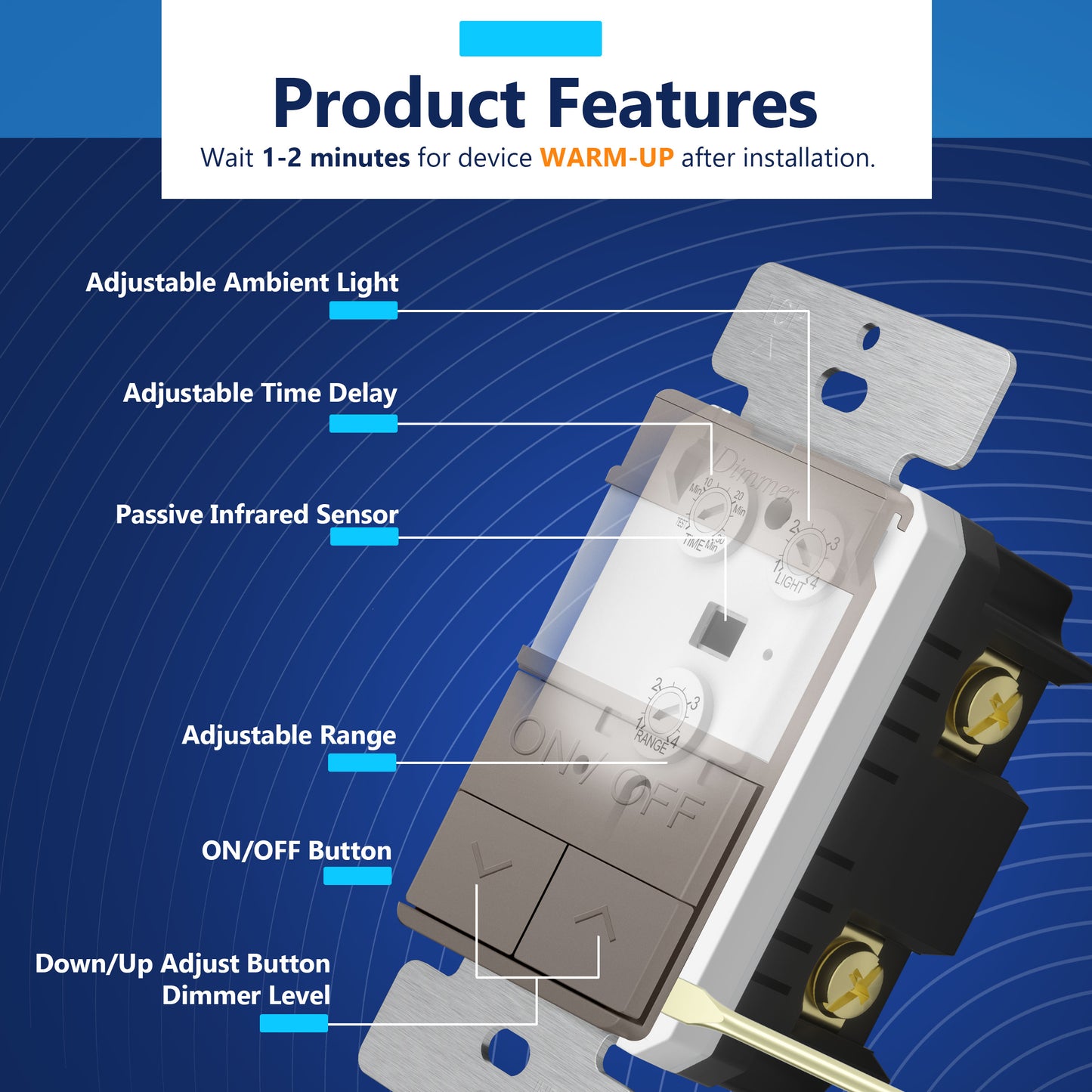 Motion Sensor Dimmer Switch, Occupancy/ Vacancy PIR Sensor, 3-Way, No Neutral Required, Wall Plate Included