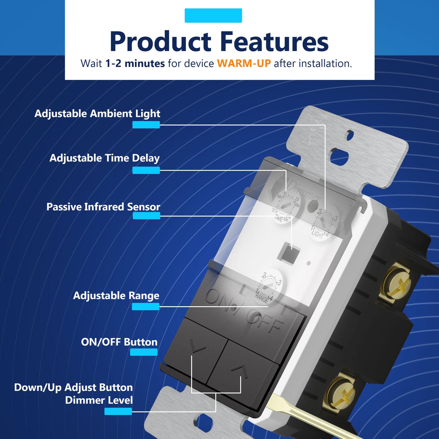 Motion Sensor Dimmer Switch, Occupancy/ Vacancy PIR Sensor, 3-Way, No Neutral Required, Wall Plate Included