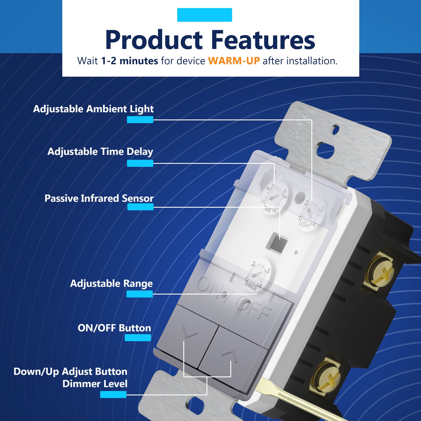 Motion Sensor Dimmer Switch, Occupancy/ Vacancy PIR Sensor, 3-Way, No Neutral Required, Wall Plate Included