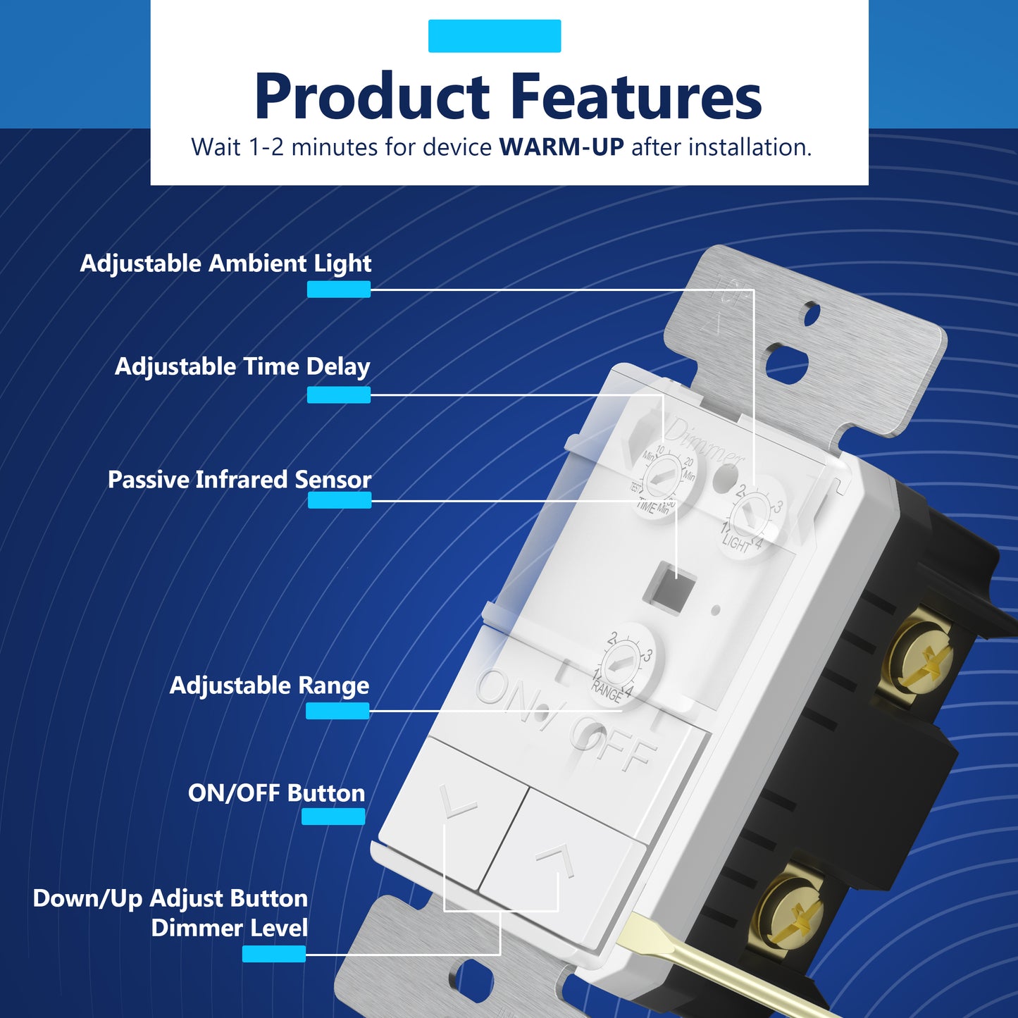Motion Sensor Dimmer Switch, Occupancy/ Vacancy PIR Sensor, 3-Way, No Neutral Required, Wall Plate Included