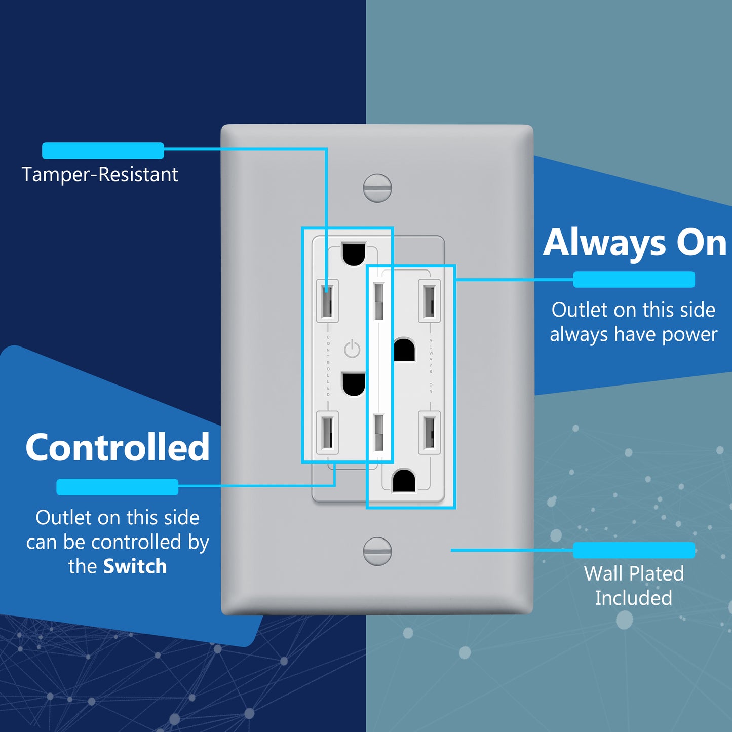 Reversible Flexiports Receptacle 15A Decorator Outlet, Child Safe Tamper-Resistant Wall Outlet, Plug Load Control/Always-On Electrical Outlet, On/Off Control, Wall Plate Included