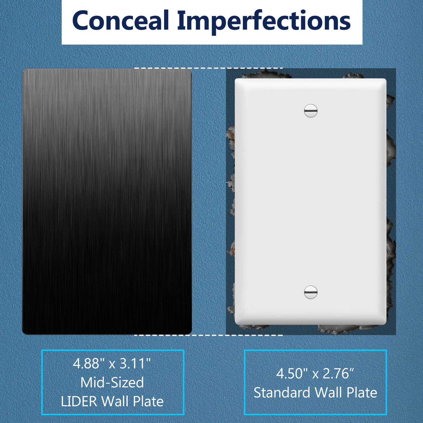 Screwless Blank Metal Wall Plate, Temperature and Impact Resistant, 1-Gang, Mid-Size