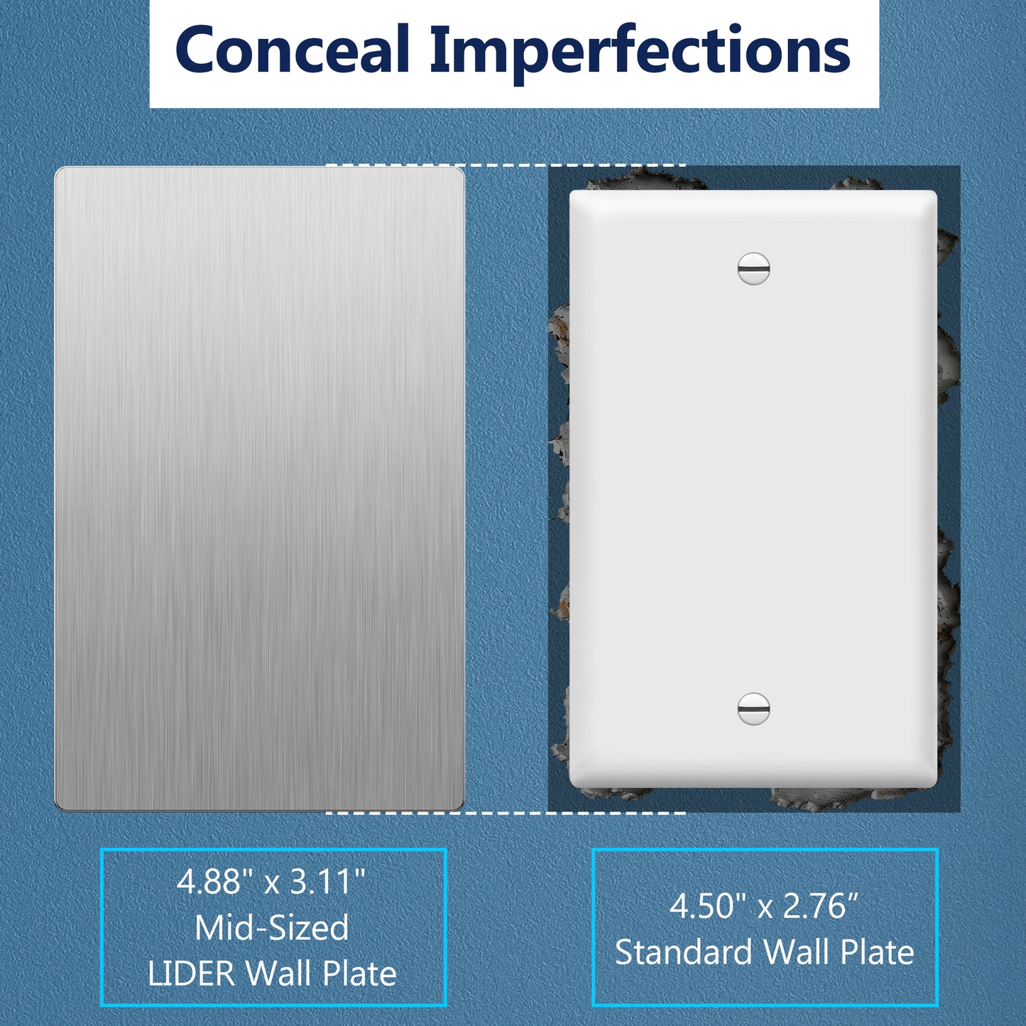 Screwless Blank Metal Wall Plate, Temperature and Impact Resistant, 1-Gang, Mid-Size