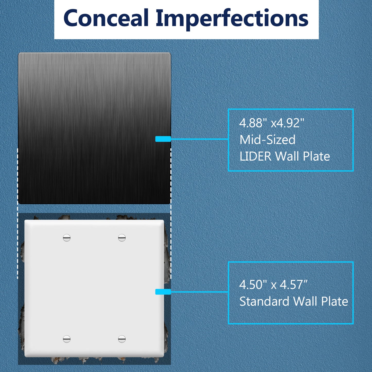 Screwless Blank Metal Wall Plate, Temperature and Impact Resistant, 2-Gang, Mid-Size