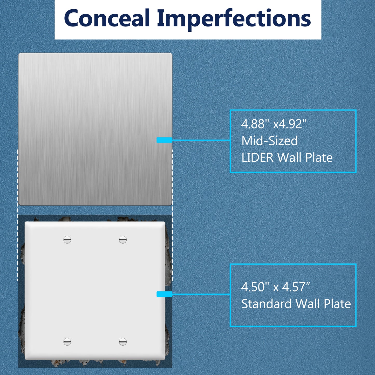 Screwless Blank Metal Wall Plate, Temperature and Impact Resistant, 2-Gang, Mid-Size
