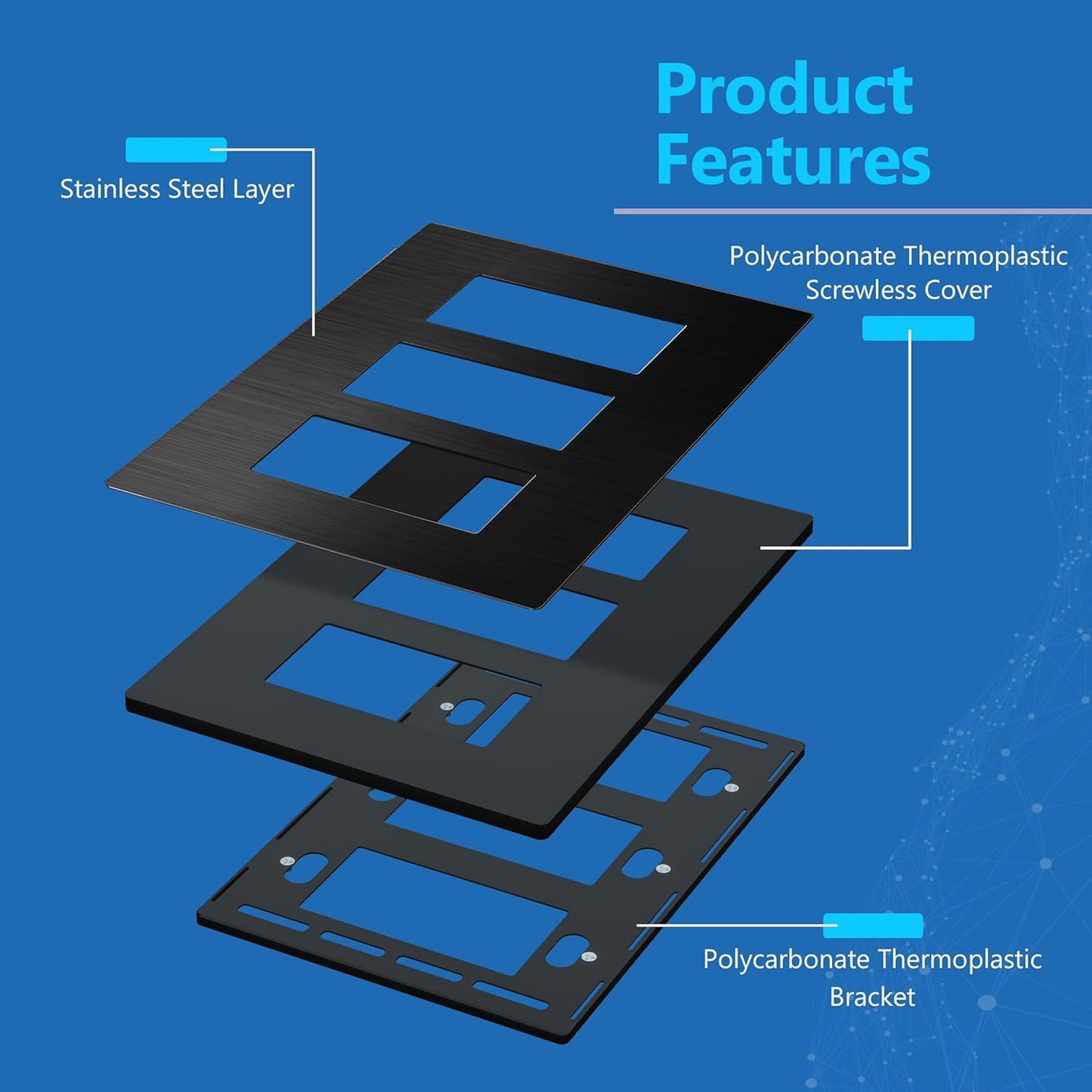 Screwless Metal Decorator Wall Plate, Temperature and Impact Resistant, 3-Gang, Mid-Size