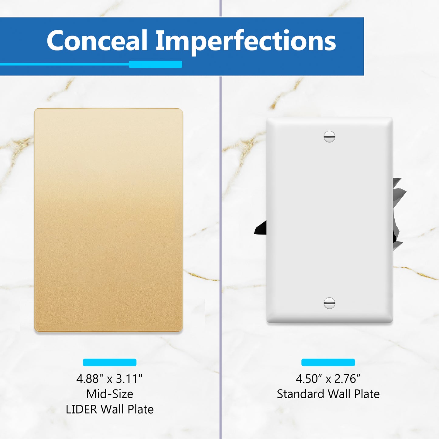 Screwless Blank Wall Plate, Polycarbonate Thermoplastic, Temperature and Impact Resistant, 1-Gang, Mid-Size